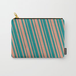 [ Thumbnail: Dark Cyan and Dark Salmon Colored Lined/Striped Pattern Carry-All Pouch ]