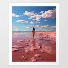 Tranquil Vacation: Woman Standing on Beach, Enjoying Solitude and Beauty of Nature Art Print