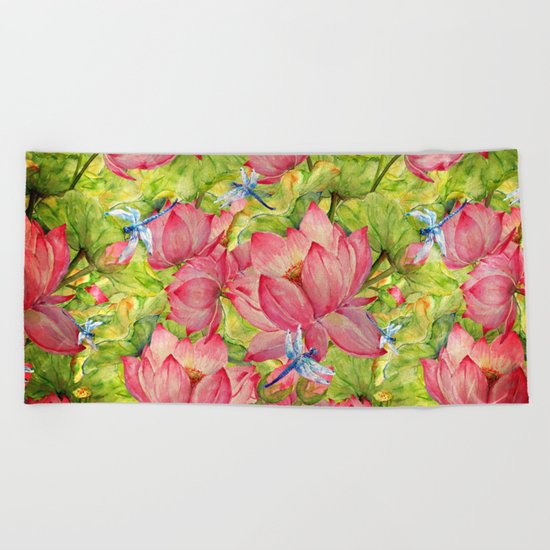 Floral Lotus Flowers Pattern with Dragonfly Beach Towel