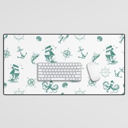 Green Blue Silhouettes Of Vintage Nautical Pattern Desk Mat
