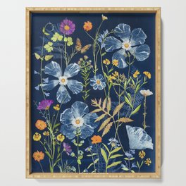 Cyanotype Painting (Hibiscus, Daisies, Cosmos, Ferns, Monarch) Serving Tray