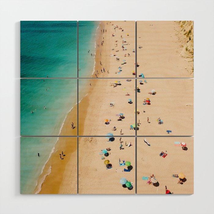 People On Algarve Beach In Portugal, Drone Photography, Aerial Photo, Ocean Wall Art Print Wood Wall Art