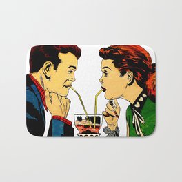 Diner Date - 1950s Young Couple Sharing a Shake Bath Mat | Firstdate, Digital, Romance, Vintage, Graphicdesign, Sweethearts, Nostalgia, Comicbook, Valentine, Nostalgic 