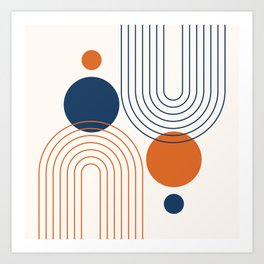 Mid Century Modern Geometric 203 in Navy Blue Orange Art Print