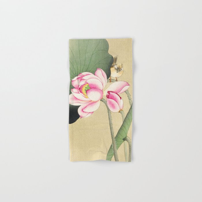 Bird sitting on lotus flower  - Vintage Japanese Woodblock Print Art Hand & Bath Towel