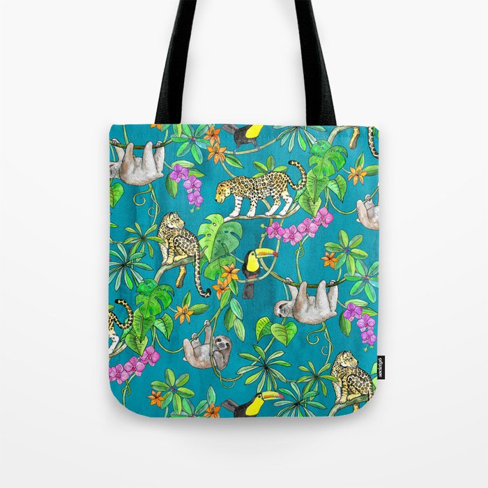 Rainforest Friends - watercolor animals on textured teal Tote Bag