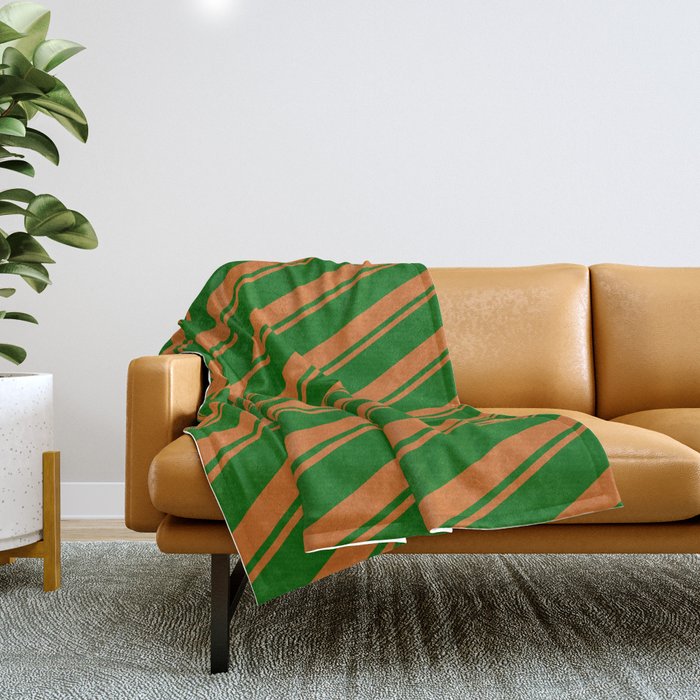 Chocolate & Dark Green Colored Striped Pattern Throw Blanket