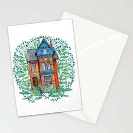 magic  victorian house and green leaves on white background  Stationery Card