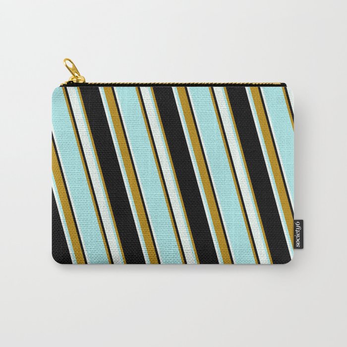 Black, Dark Goldenrod, Turquoise & Mint Cream Colored Lined Pattern Carry-All Pouch