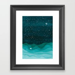 Starry Ocean, teal sailboat watercolor sea waves night Framed Art Print