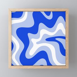 Retro Liquid Swirl Abstract Pattern Square in Royal Blue, Light Blue, and White Framed Mini Art Print