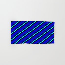 [ Thumbnail: Aqua, Black & Blue Colored Lines/Stripes Pattern Hand & Bath Towel ]