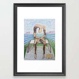 spin-off art: melancholy sculpture with a dropped open book and sea view Framed Art Print