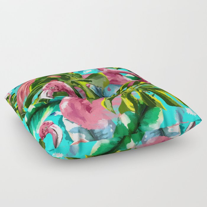 Floral colorful tropical flamingo pattern design in digital oleo effect  Floor Pillow