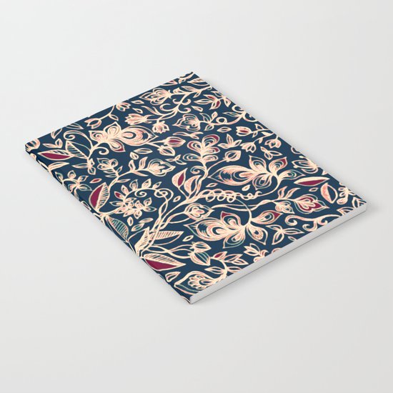 Navy Garden - floral doodle pattern in cream, dark red & blue Notebook