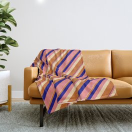 [ Thumbnail: Blue, Light Coral, Tan & Chocolate Colored Lined/Striped Pattern Throw Blanket ]