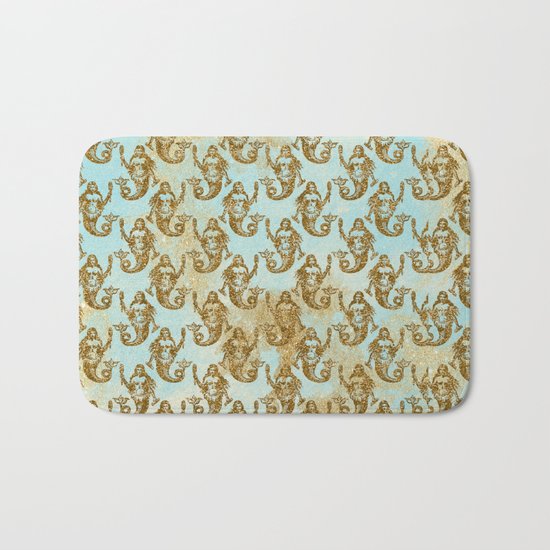 Mermaids- Mermaid Gold Glitter pattern on aqua background Bath Mat