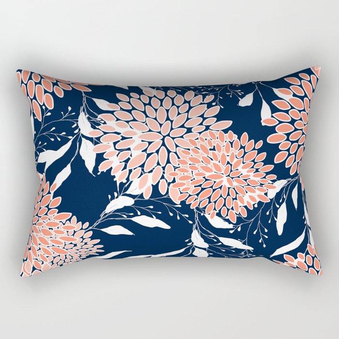 Floral Blooms and Leaves, Navy, Coral and White Rectangular Pillow