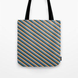 [ Thumbnail: Blue, Dark Slate Gray, and Brown Colored Lined Pattern Tote Bag ]