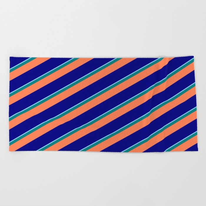 Light Sky Blue, Teal, Coral, and Blue Colored Stripes Pattern Beach Towel