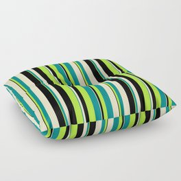 [ Thumbnail: Light Green, Teal, Bisque & Black Colored Lined/Striped Pattern Floor Pillow ]