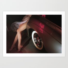 Perfect exit strategy ... young woman with long legs exiting classic automobile female color photograph - photography - photographs Art Print