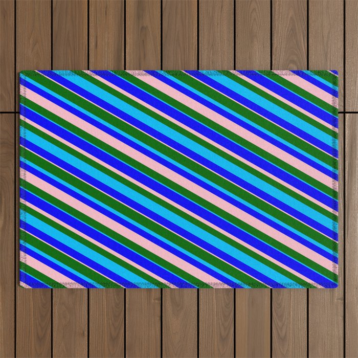 Dark Green, Deep Sky Blue, Blue & Pink Colored Stripes/Lines Pattern Outdoor Rug