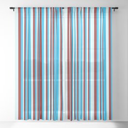 [ Thumbnail: Deep Sky Blue, Dark Red & Light Cyan Colored Pattern of Stripes Sheer Curtain ]