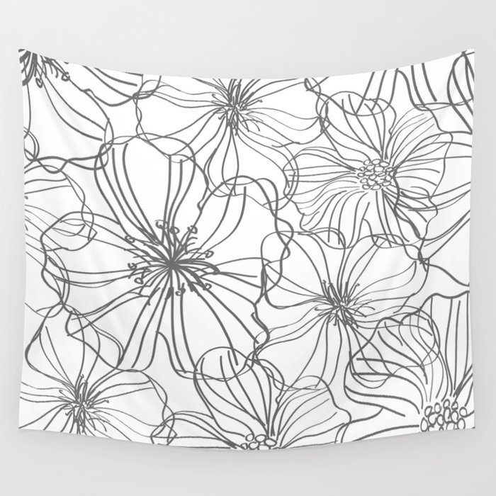 Line Art, Floral Prints, Charcoal and White, Minimal Art Wall Tapestry