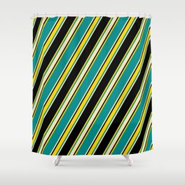 [ Thumbnail: Dark Cyan, Beige, Black, and Yellow Colored Lines/Stripes Pattern Shower Curtain ]