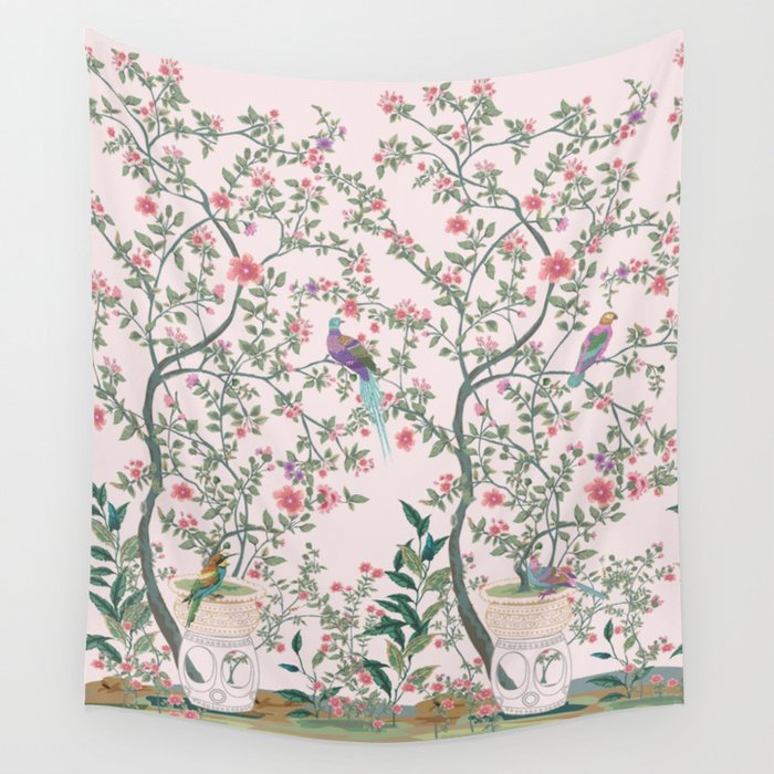 Chinoiserie Blush Pink Fresco Floral Garden Birds Oriental Botanical Wall Tapestry