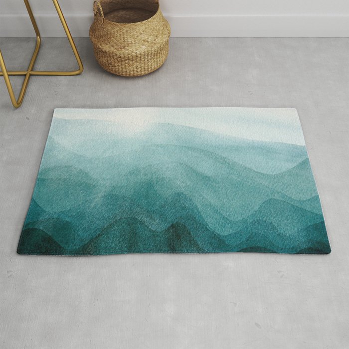Sunrise in the mountains, dawn, teal, abstract watercolor Rug