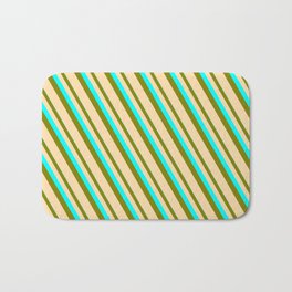 [ Thumbnail: Cyan, Green, and Tan Colored Striped Pattern Bath Mat ]