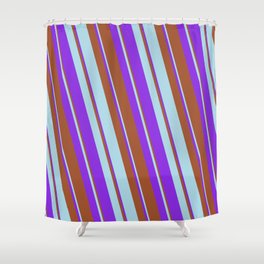 [ Thumbnail: Sienna, Light Blue & Purple Colored Lines/Stripes Pattern Shower Curtain ]