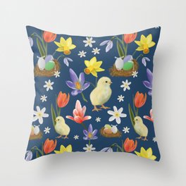 Colorful pattern with easter chicks, easter nests, tulips, daffodils, crocuses, wood anemones Throw Pillow