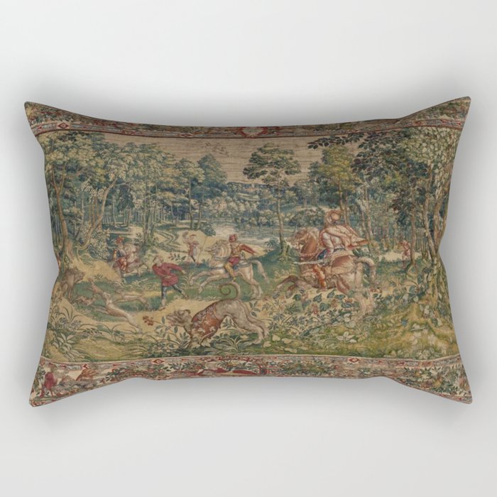 Antique 16th Century Pastoral Hunting Scene Flemish Tapestry Rectangular Pillow
