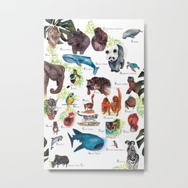 A-Z Endangered Species  Metal Print | Botanical, Alphabet, Whaleshark, Wildanimals, Animal, Originalart, Abc, Tiger, Whale, Endangered 