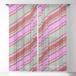 [ Thumbnail: Dark Sea Green, Red, and Violet Colored Stripes Pattern Sheer Curtain ]