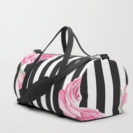 Black white blush pink watercolor floral stripes Duffle Bag