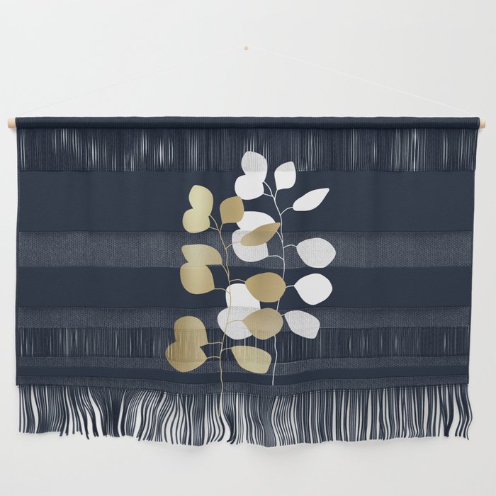 Leaf Duo, Gold and White on Navy Blue Wall Hanging