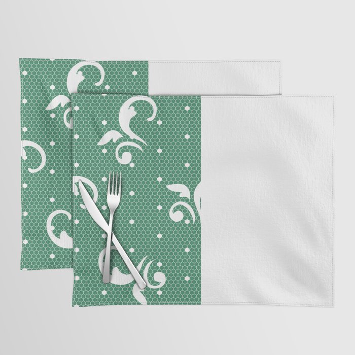 White Floral Curls Lace Vertical Split on Christmas Green Placemat