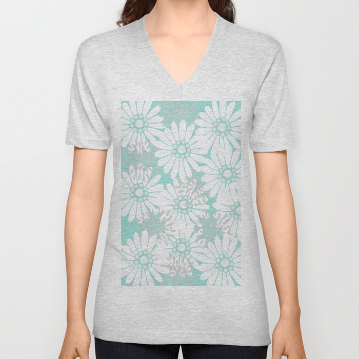 Summer Flowers Turquoise V Neck T Shirt