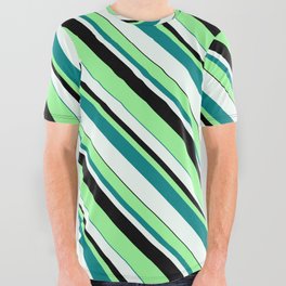 [ Thumbnail: Green, Teal, Mint Cream & Black Colored Lined Pattern All Over Graphic Tee ]
