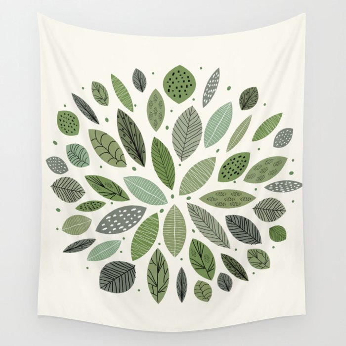 Mid-Century Green Leaves Wall Tapestry