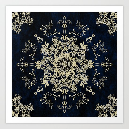 Pale Gold Floral Design On A Blue Textured Background Art Print