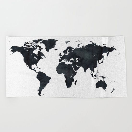 World Map in Black and White Ink on Paper Beach Towel