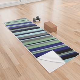 [ Thumbnail: Powder Blue, Dim Gray, Dark Sea Green, Midnight Blue, and Black Colored Lines/Stripes Pattern Yoga Towel ]