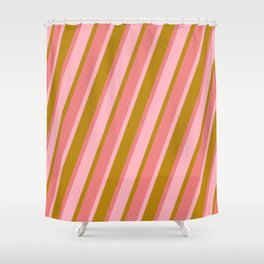 [ Thumbnail: Light Pink, Dark Goldenrod, and Light Coral Colored Stripes Pattern Shower Curtain ]
