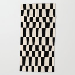 Wave Checks: Noir Black Handpainted Pattern Beach Towel | Wavy, Check, Lines, Checkerboard, Brush, Modern, Abstract, Graphicdesign, Pattern, Stripes 