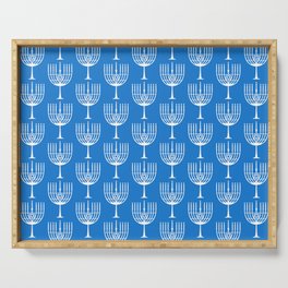 Hanukkah Menorah Silhouette - Cobalt Blue and White Serving Tray